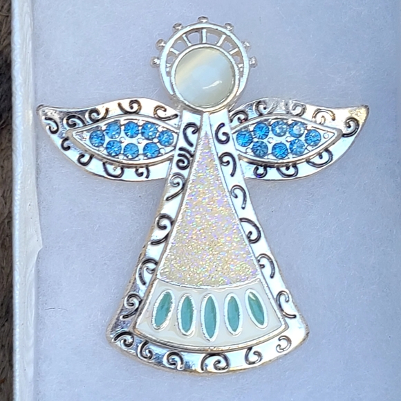 Vintage KC Angel Brooch Enameled Blue Crystal SilverApproximately 1.5"w x 2"ta - Picture 2 of 3